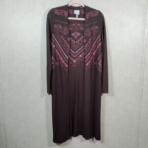 H149 Knox Rose brown waffle weave long line embroidered cardigan L